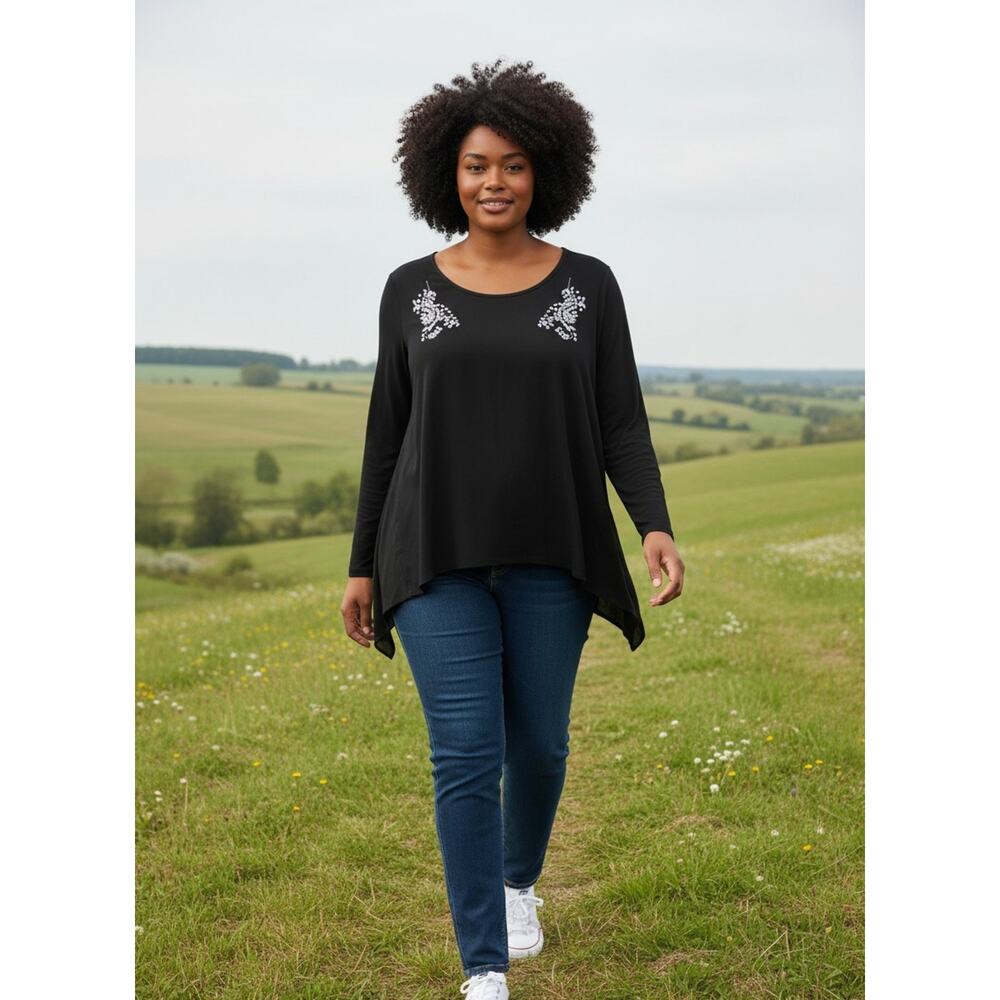 Earl Knit Top Womens 3X Black Asymmetrical Rhinestone Flowy Tunic Long Sleeve